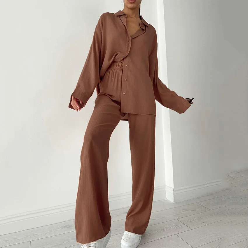 

Женский Повседневный брючный костюм, комплект из двух предметов, Топ с длинным рукавом и прямые брюки со складками, летний женский модный ко...