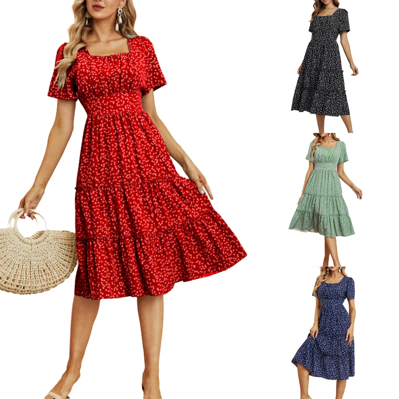 

Женское платье с коротким рукавом, свободное Повседневное платье с принтом в виде маленького сердца, с квадратным вырезом и поясом на резин...