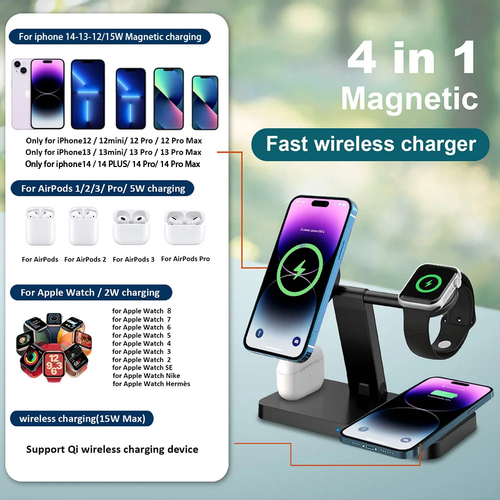 Ceny 4 W 1 15W Składana Magnetyczna Bezprzewodowa ładowarka Do IPhone 12 13 14 Pro Max 11 Qi Szybka Podstawka ładująca Do Apple Airpods 3 IWatch 8