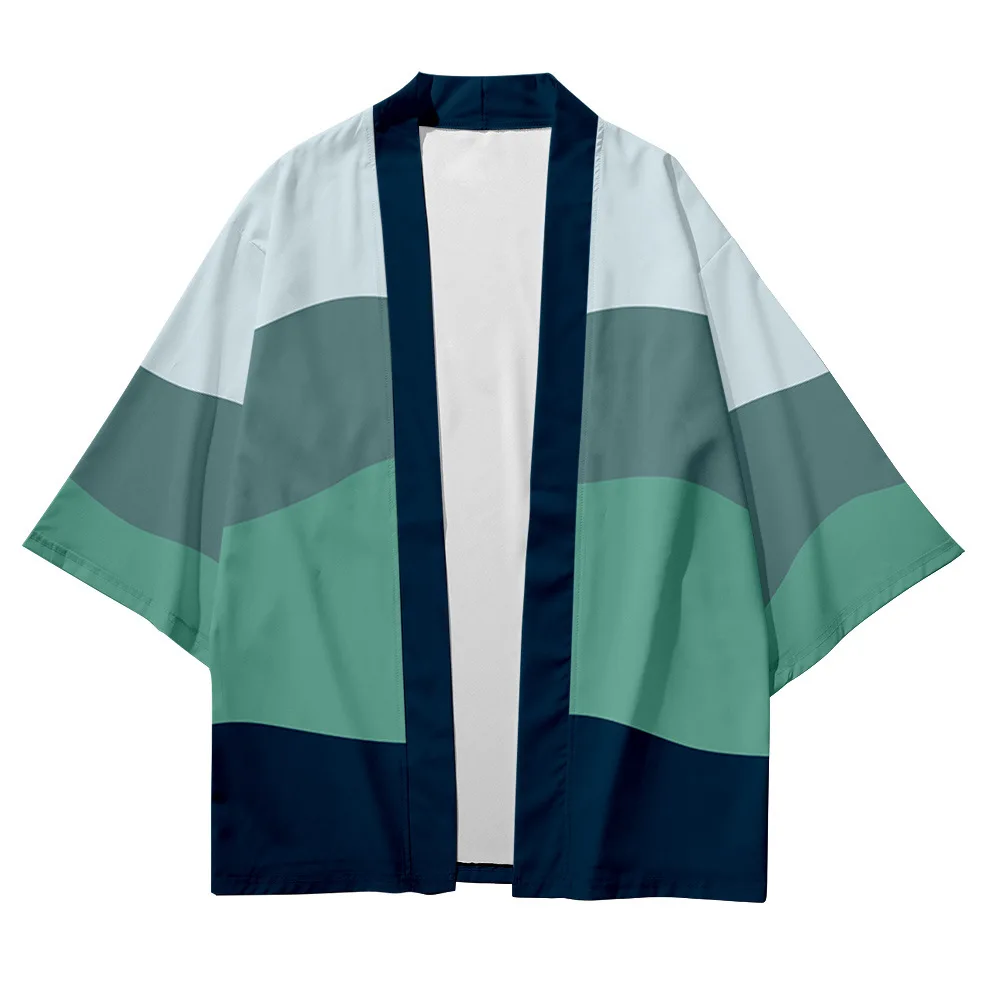 

FashionMen's Japanese Kimono Traditional Wave Stripes Casual Loose Thin Jacket Asian Boy girls Kimono Cardigan Shirt