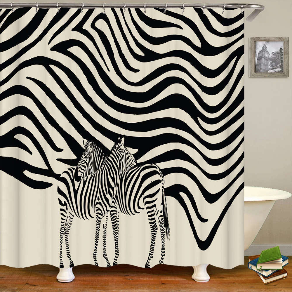 

Black and white zebra stripe geometric print bathroom shower curtain with hook