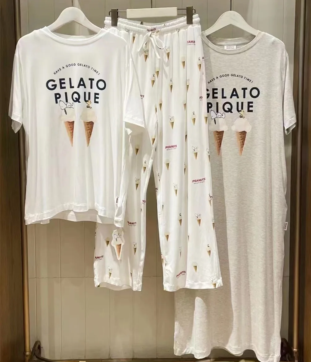 Summer One Piece Pajamas  Room Wear Gelato Pique T-shirt Maxi Dress Cute Kawaii Night Dress Women