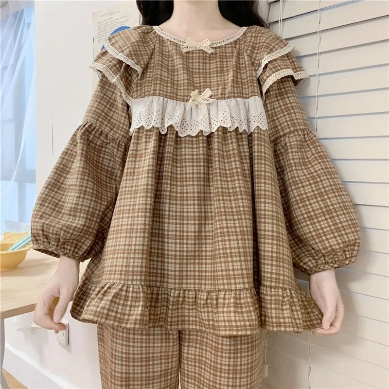 QWEEK Women's Home Suits Spring Autumn Female Set Pajamas Kawaii Lace Bow Ruffles Pijamas Sleepwear Roomware Nightie Pyjamas