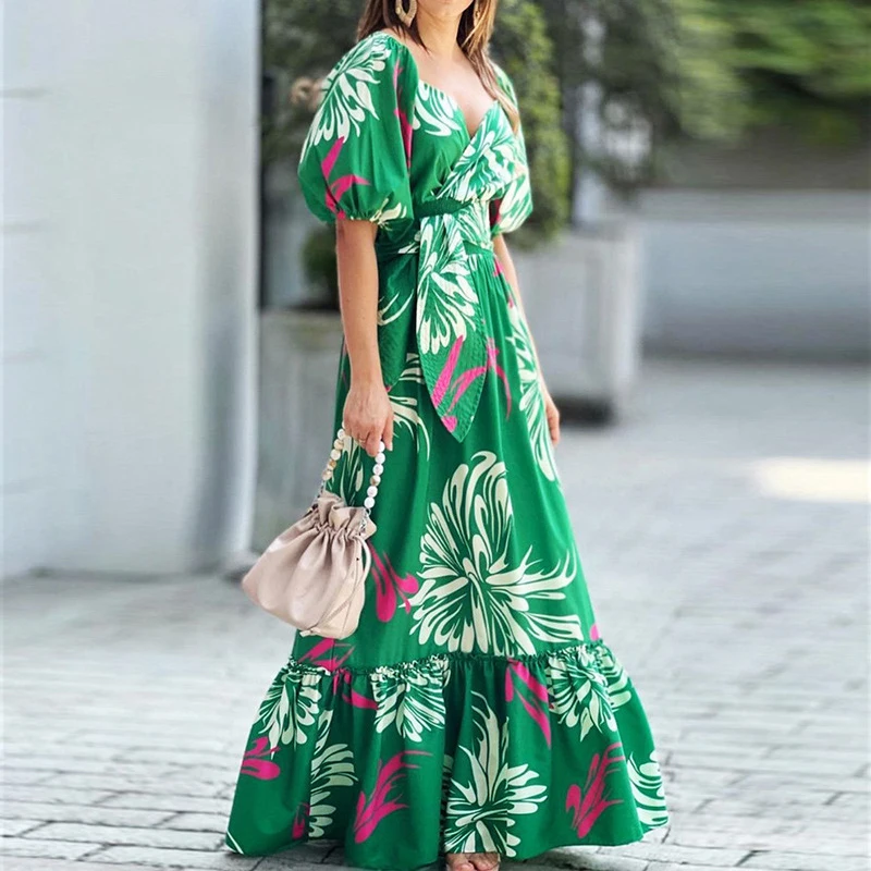 

2022 Autumn Fashion Street Women A-Line Long Dress Elegant Sexy Puff Sleeve V-Neck Maxi Party Dress Women Printed Dress Vestidos
