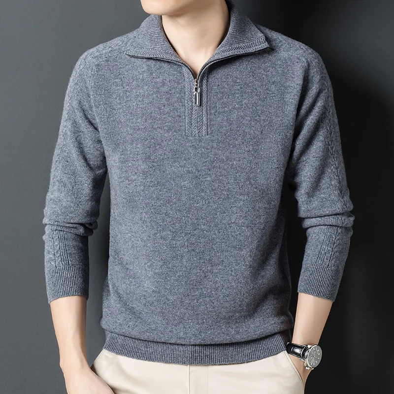 zipper Winter thick men's pure half-high sweater collar business sweater knitted cashmere sweater