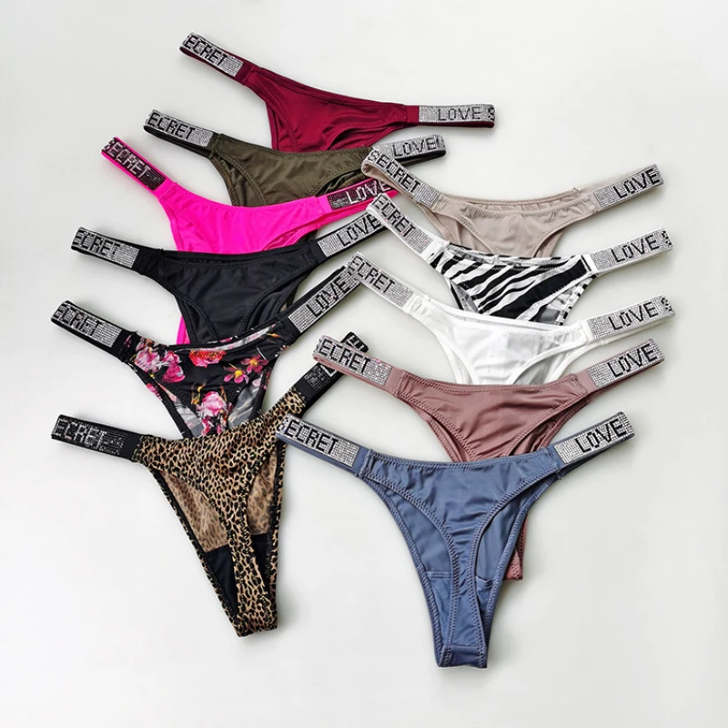 

Women's Fashion Sexy Rhinestone Thongs Girls Gym Sports Hip Lift Low Waist Briefs Cross T Pants Female Genital Panties Underwear