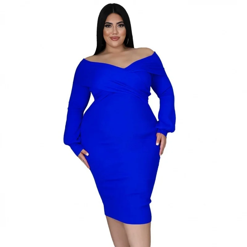 Plus Size Female Dresses Fashion V-neck Solid Color Mid-length Dress Sexy Women Elegant Party Dresses Long Sleeve Large Size