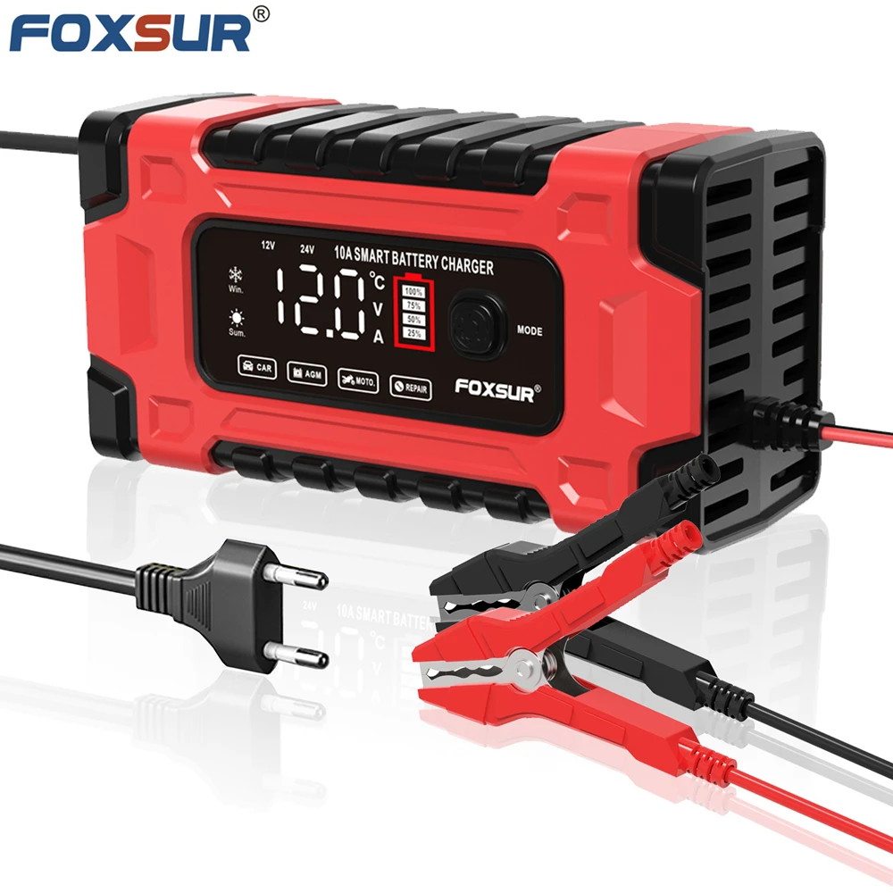 

FOXSUR Quick Car Battery Charger 12V/24V 10A Intelligent Trickle Maintainer Delivers 7 Stage Charging With Large Screen Display