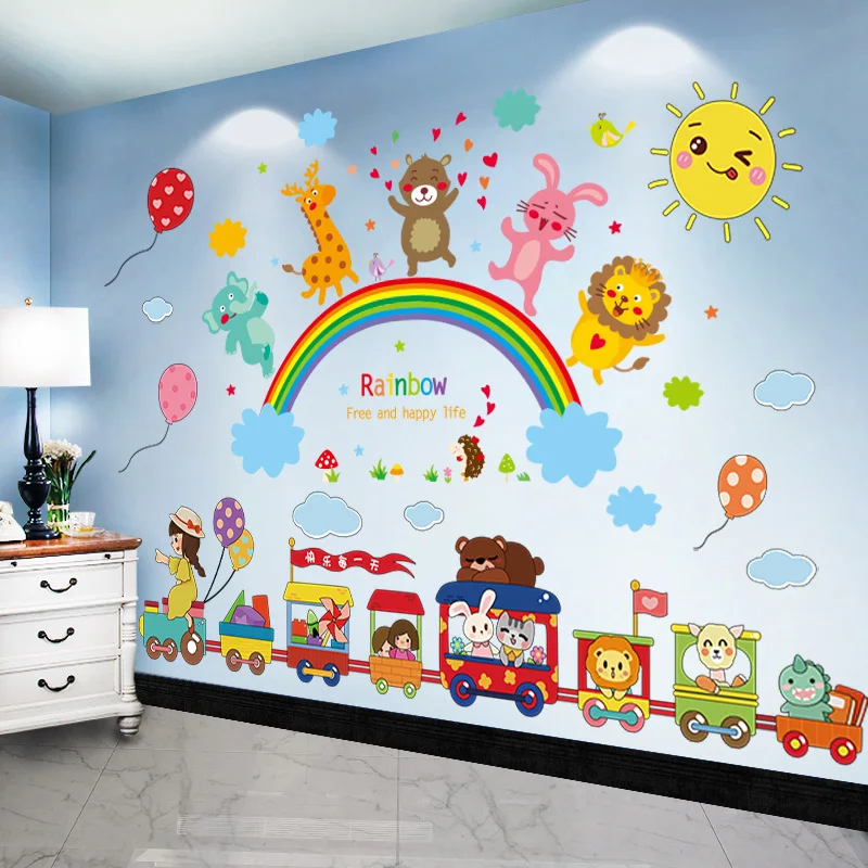 

[SHIJUEHEZI] Animals Rainbow Wall Stickers DIY Cartoon Children Train Wall Decals for Kids Rooms Baby Bedroom House Decoration
