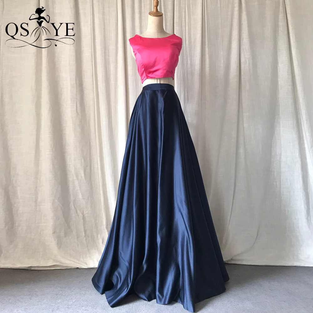 

Fushcia Two Pieces Prom Dresses Scoop Neck Satin A line Evening Gown Sleeveless Navy Skirt Party Princess Girl Formal Dress