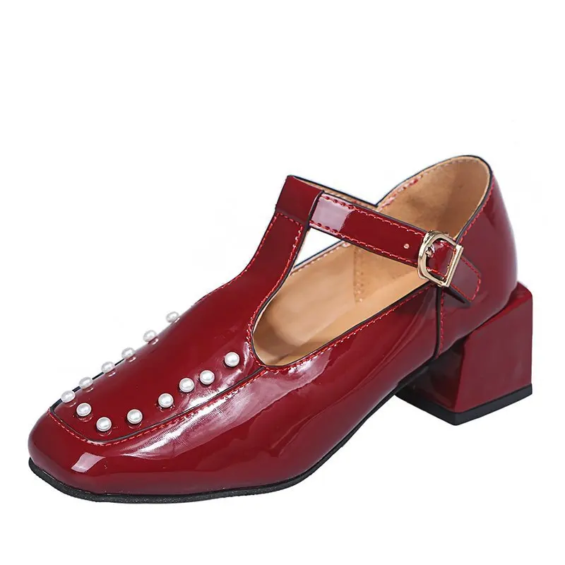 

Sexy Patent Leather Square Toe Mary Jane Shoes for Women Fashion Pearl Ankle Buckle Woman Pumps Cut Out Square Heel Shoes