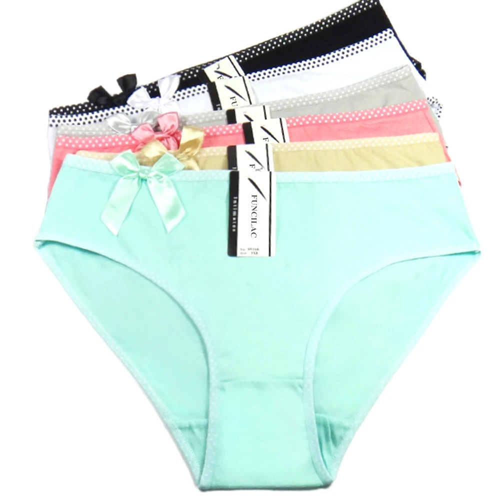 FUNCILAC Women's Briefs Appare Mid Waist Cozy Solid Bow Women Cotton Panties Underwear for Women Plus Size 2xl 3xl 4xl 6 pcs/lot