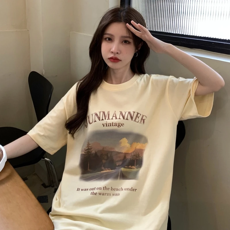 

Футболка женская с круглым вырезом, Винтажный Классический хлопковый топ с принтом в виде пейзажа, Повседневная шикарная уличная одежда свободного покроя, Y2k, лето