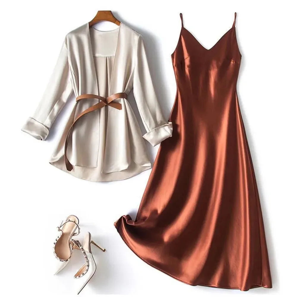 Satin Spaghetti Strap Dress 2 Piece Set 2022 Women Office Lady V Neck Thin Blazer With Belt Elegant Sleeveless Long Dress Suit