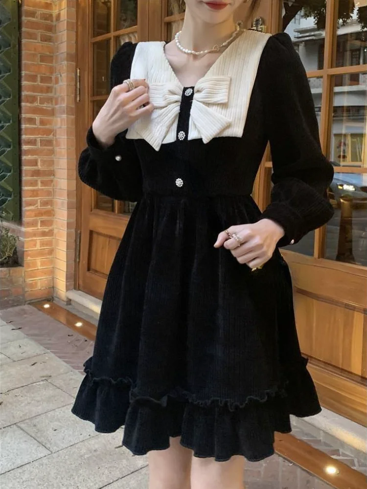

2022 Spring French Vintage Black Dress Woman Elegant Velvet Mini Dress Casual Korean Style Long Sleeve Dress Female Bow Design