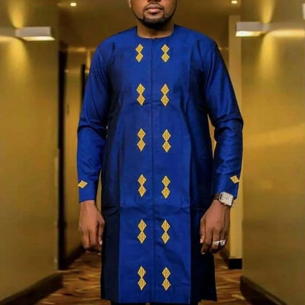 

Muslin Fashion Men Shirt Long Sleeve Solid Color Diamond Patchwork Mid-length Pullover Loose Round Neck African Shirt For Men