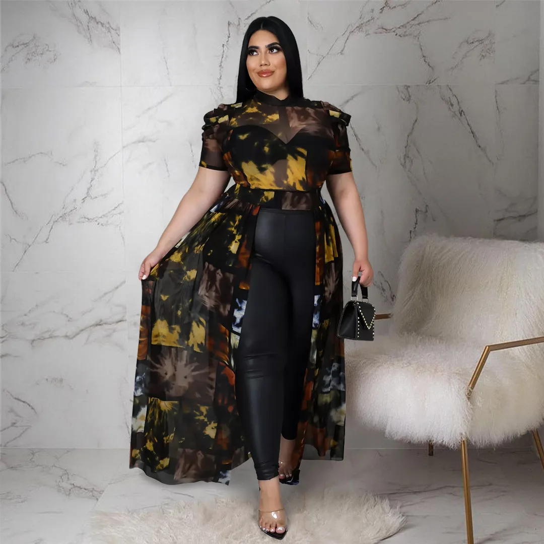 Long Shirt Summer Dress Women Plus Size Clothing  5xl  Short Sleeve Mesh Cutout Sexy Front Asymmetric Top Wholesale Direct Sales