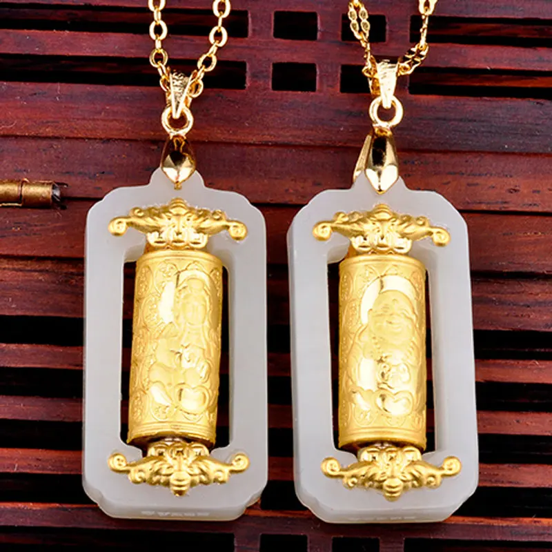

24k Gold Inlaid Jade Buddha Pendant Necklace Men Women Genuine Natural Jades Guanyin Charms Lucky Amulet Girlfriend Mom Gifts