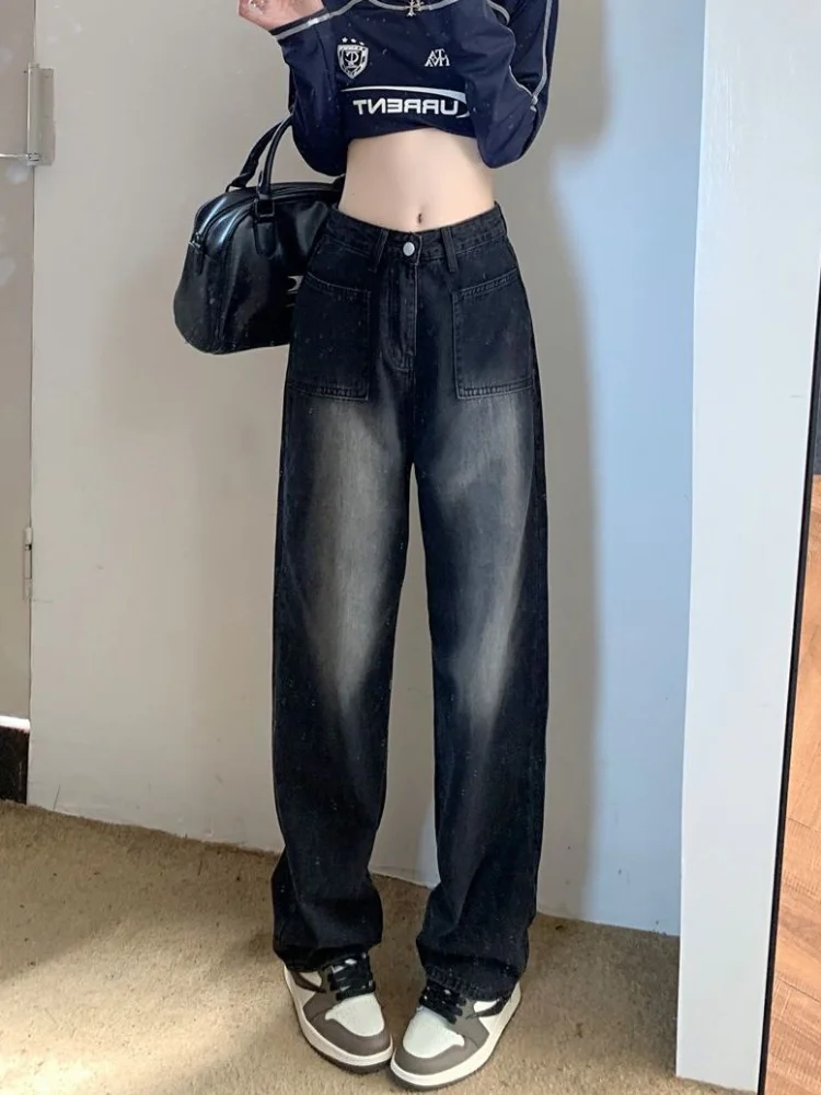 HOUZHOU Vintage Grunge Baggy Black Jeans Women Y2K Hip Hop Wide Leg Denim Pants Harajuku Retro Streetwear High Waist Bottoms