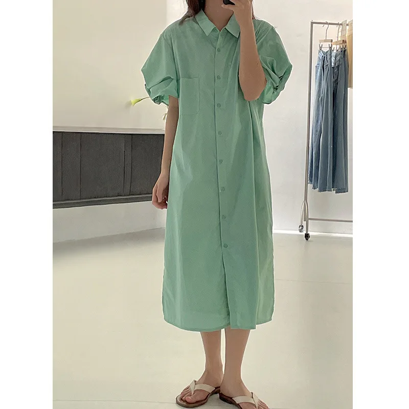 Lazy Oaf Style Puff Sleeves Women Loose Casual Dress Polo Neck Single-Breasted Green /Rose Color Lady Long Dresses Vestidos