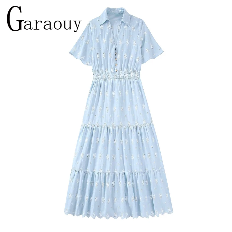 

Garaouy 2022 Summer New Women Chic Embroidery Hollow Party Dress Female Casual Short Sleeve Splicing Midi Dresses Vestidos Mujer