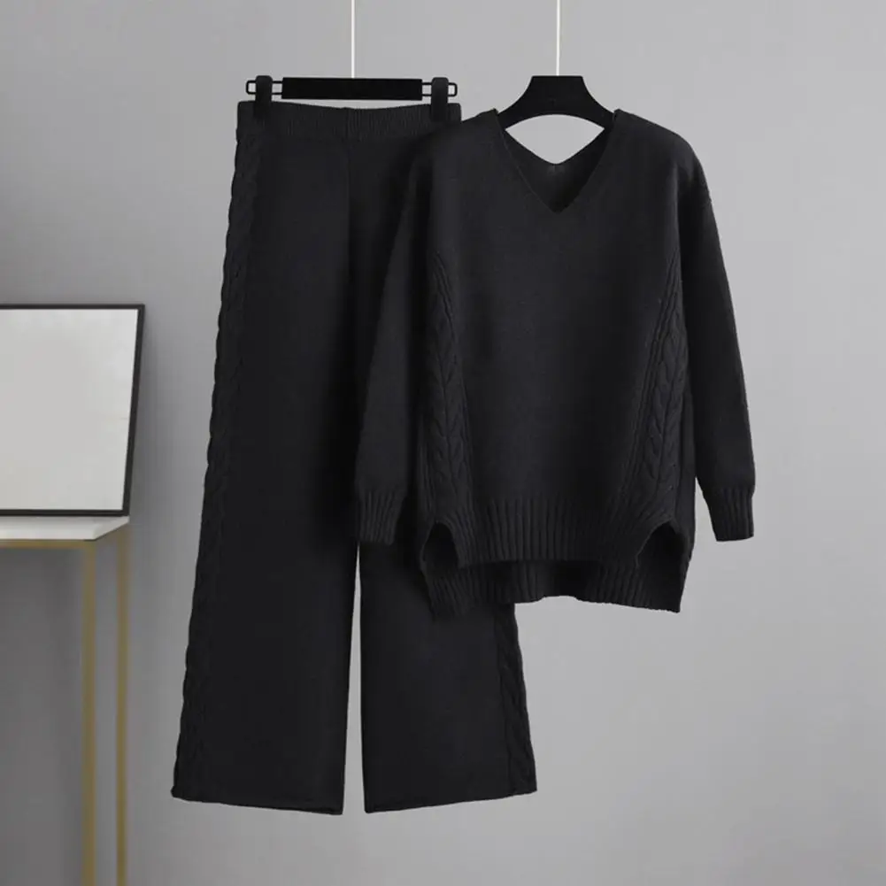 

Soft 2 Pcs/Set Chic Irregular Hem Lady Sweater Pants Suit Long Sleeves Sweater Pants Suit V Neck for Daily Wear