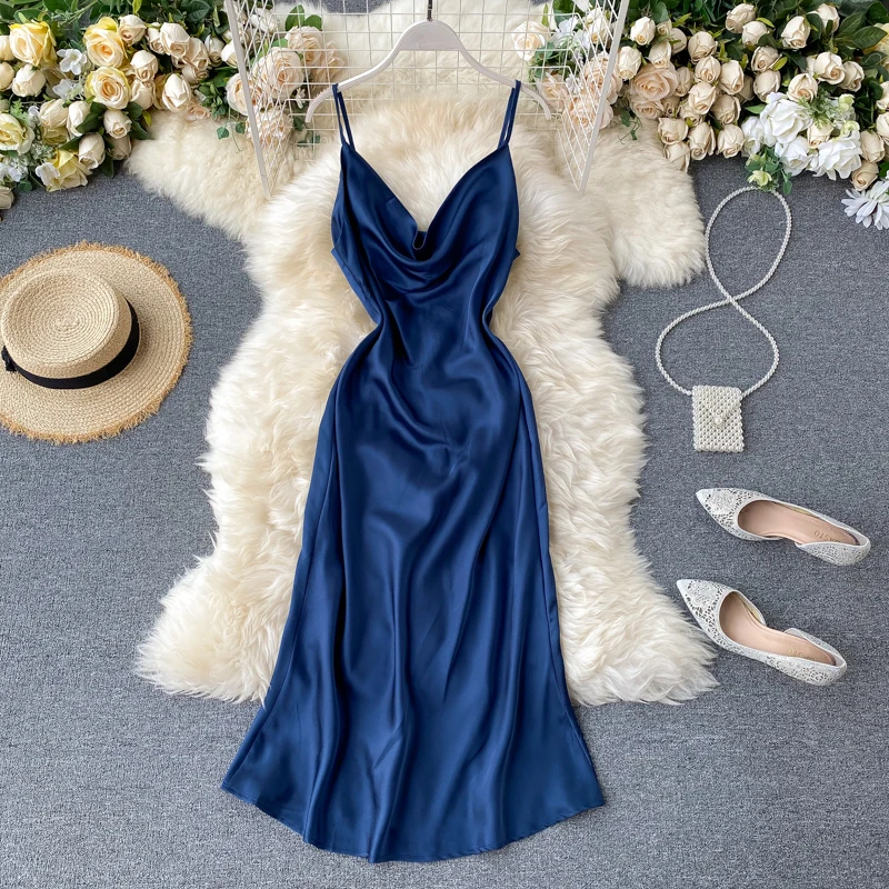 

Women Satin Strap Dress Summer Sexy V Neck Backless Midi Long Dress Off Shoulder Sleeveless A Line Dress French Style Party Gown