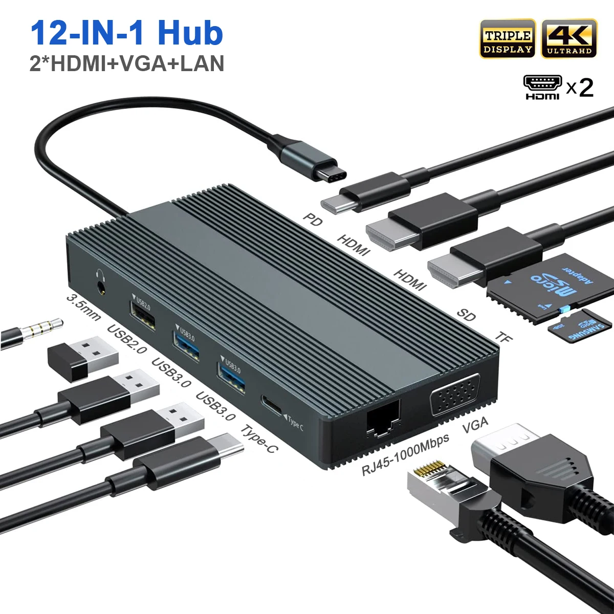 Dual Monitor USB C Hub Triple Display Docking Station with 2 HDMI VGA Gigabit Ethernet Type-C PD SD/TF 3.5mm Adapter for MacBook