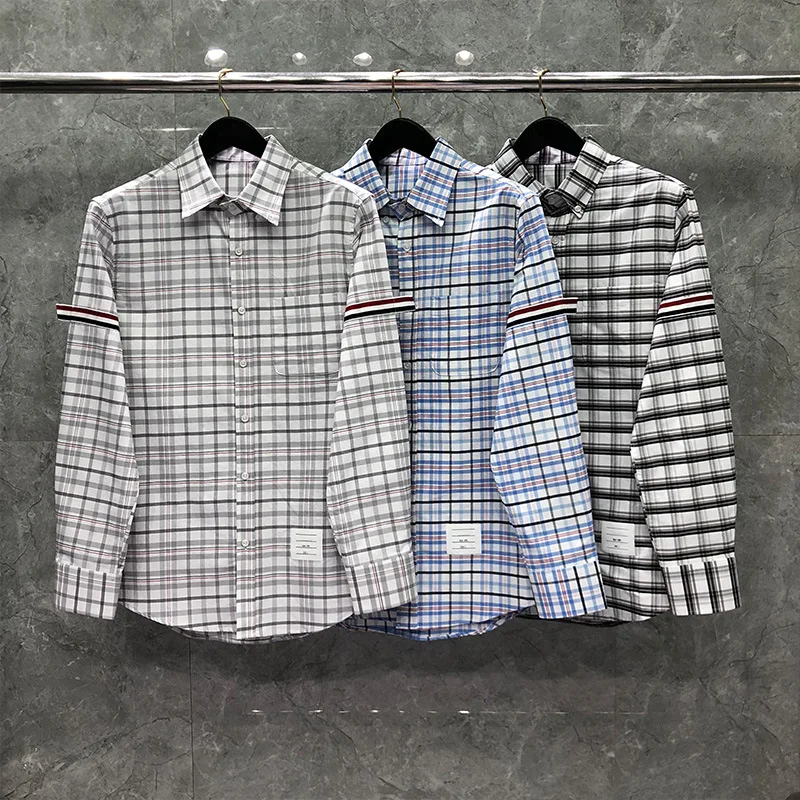 TB Man's Shirts Check Stripe New Shirts Men Slim Plaid Shirt Striped Oxford Cotton Spring Fit Long Sleeve Casual Men's Clothing