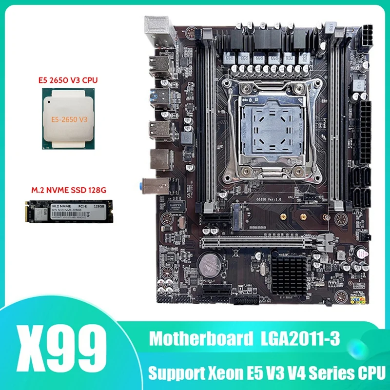 

HOT-X99 материнская плата для компьютера, материнская плата с поддержкой Xeon E5 V3 V4 Series CPU с процессором E5 2650 V3 + M.2 NVME SSD 128G