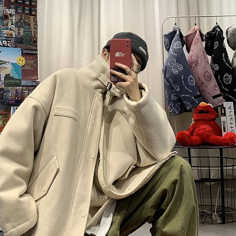 Winter Thick Woolen Coat Men Warm Fashion Oversized Short Woolen Coat Men Korean Loose Thickened Lamb Wool Jacket Mens Overcoat