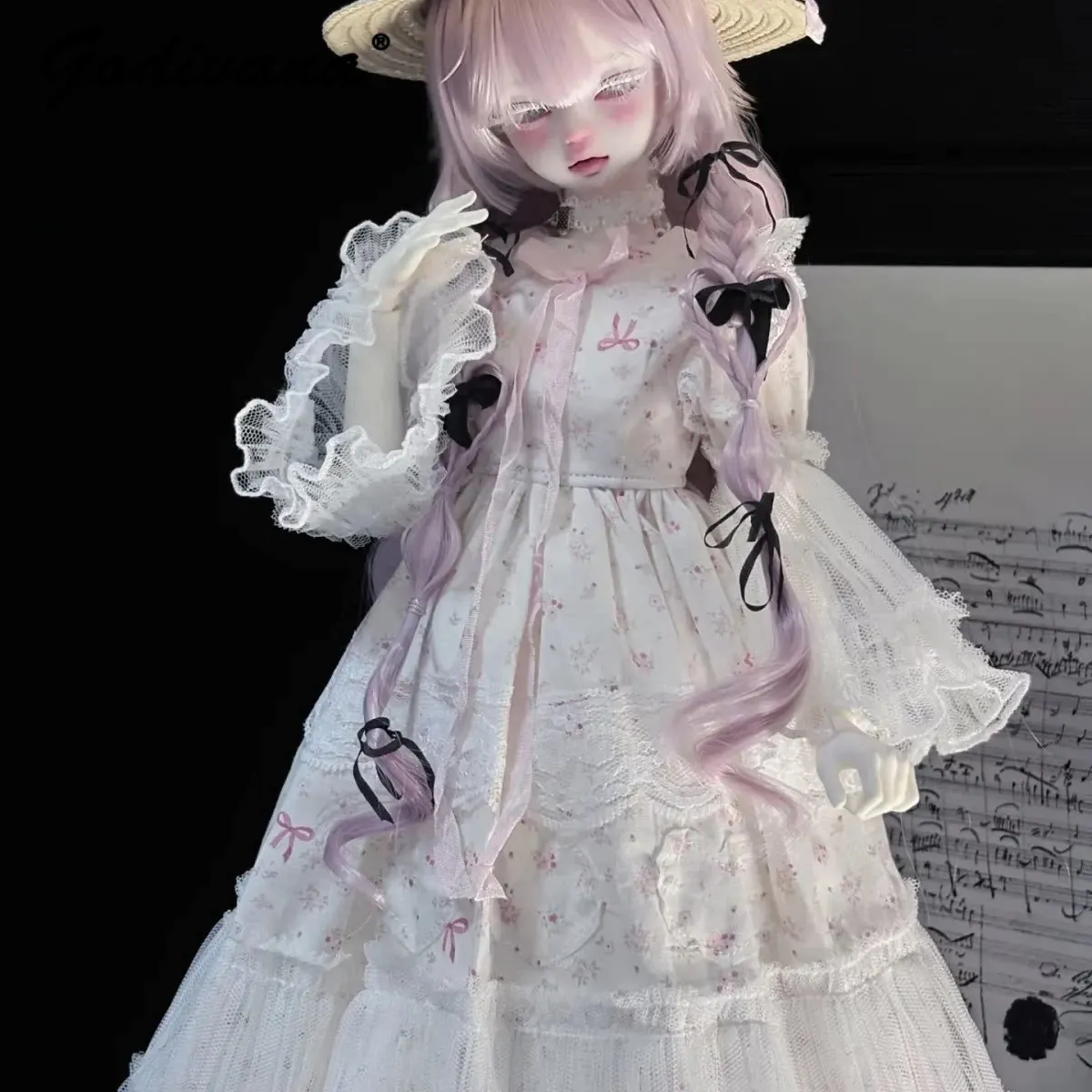 Фото Наряд для куклы BJD 1/4: милое платье в стиле лолита с цветочным кружевом, пышными рукавами и рюшами, с соломенной шляпой, одежда для кукол с телом Nannan. №4