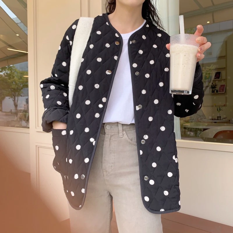 Women Long Sleeve Outwear Elegant Tops 2021 New Winter Polka Dot Thin Coats O-Neck Warm Loose Casual Jackets Female Streetwear