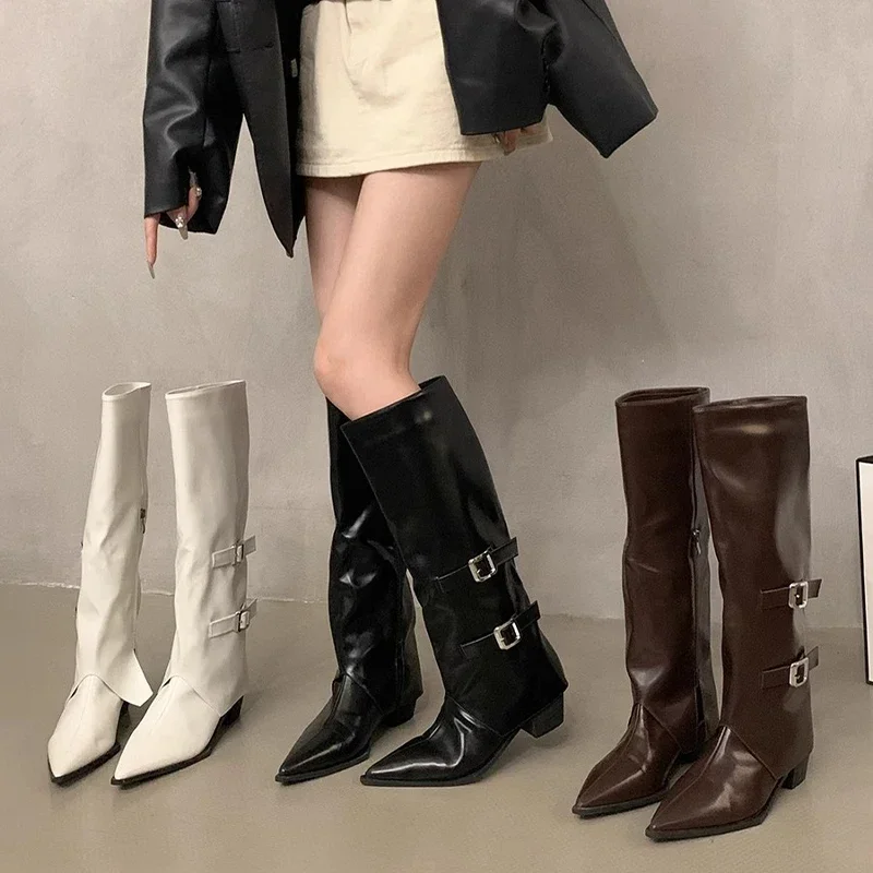 Женские ботинки челси с острым носком сапоги до колена на среднем каблуке зимняя