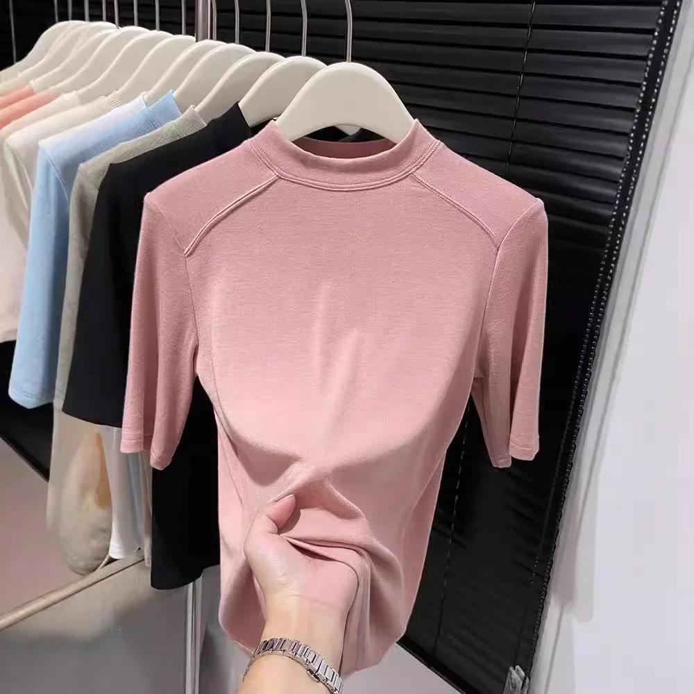 White Slim Fit Mid Sleeve Half High Collar Base Shirt Autumn Winter Fashionable European Style Velvet Women's Top Layer |