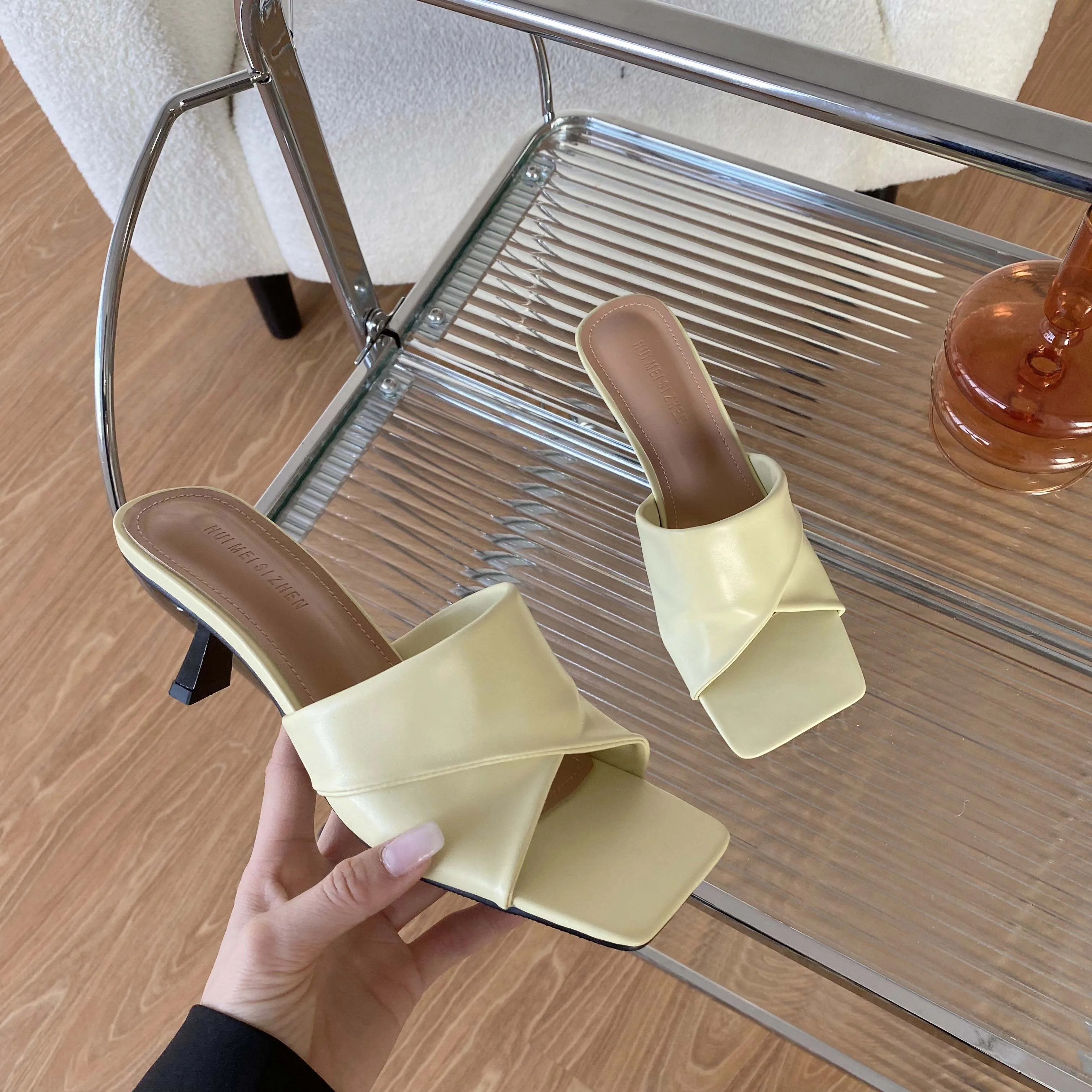 

WHNB 2022 NEW Elegant Comfor Women Sandals High Heels Summer Outside Wear Non-Slip Open-Toes Slides Leather Office Shoes