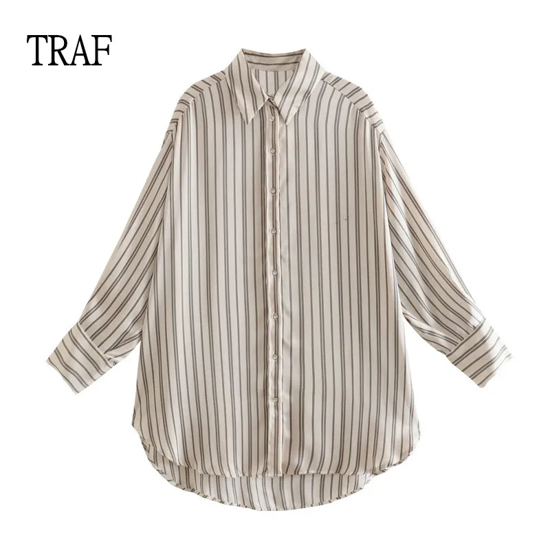 

TRAF Women Blouses 2022 New Striped Button-up Satin Shirts Lady Irregular Long Sleeve Loose Women's Clothing Office Female Tops
