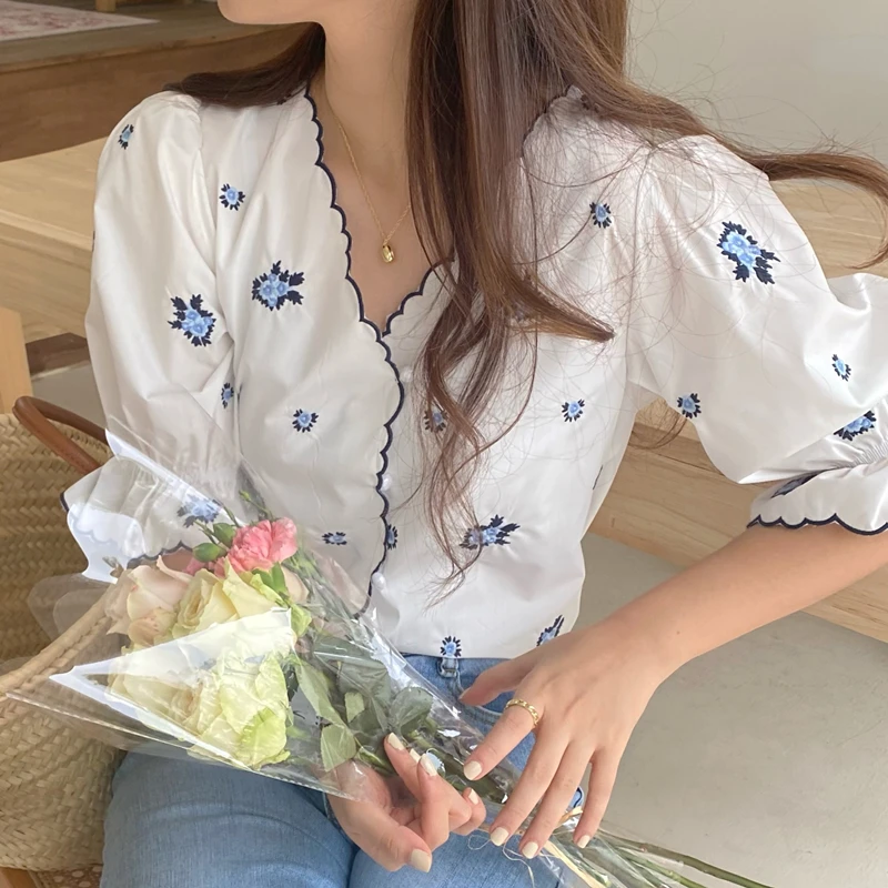 

Женская рубашка с вышивкой и жемчугом, в французском стиле