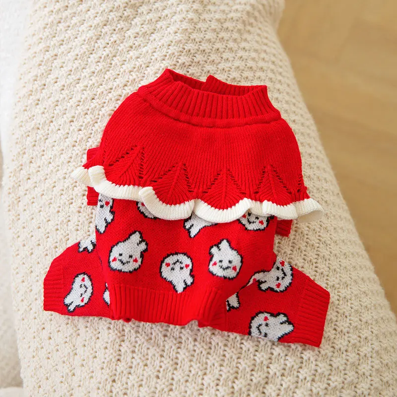 Red Rabbit Sweater Autumn and Winter Warm Dog Four Legged Sweater Small and Medium-Sized Dog New Year Clothes Teddy Knitwear