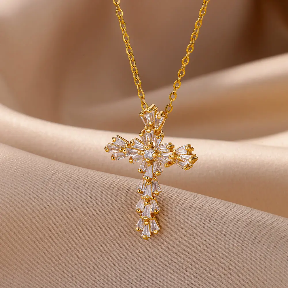

Exquisite Cubic Zirconia Cross Pendant Necklace for Women Stainless Steel Crystal Flower Shape Necklace Luxury Jewerly collares