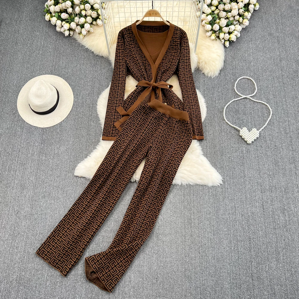 

V-neck tucked waist tie-knit cardigan top two-piece set over high-rise wide-leg trousers