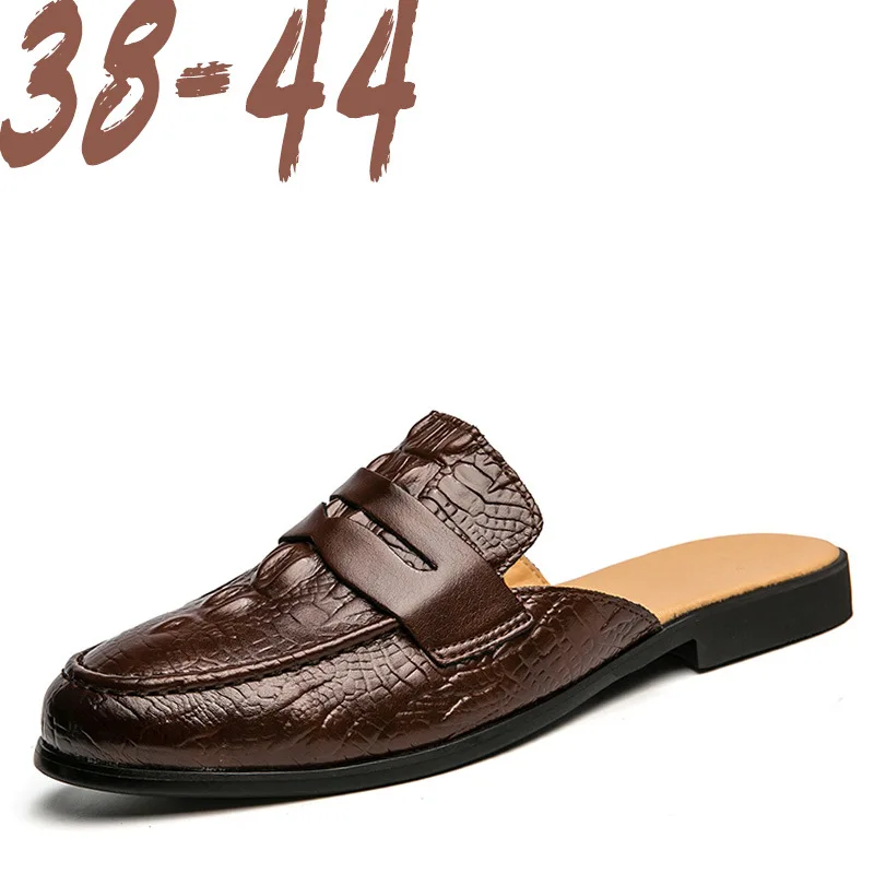 

2022 new men's Baotou half-support leather shoes crocodile pattern half-support shoes without heel Korean fashion half-slippers
