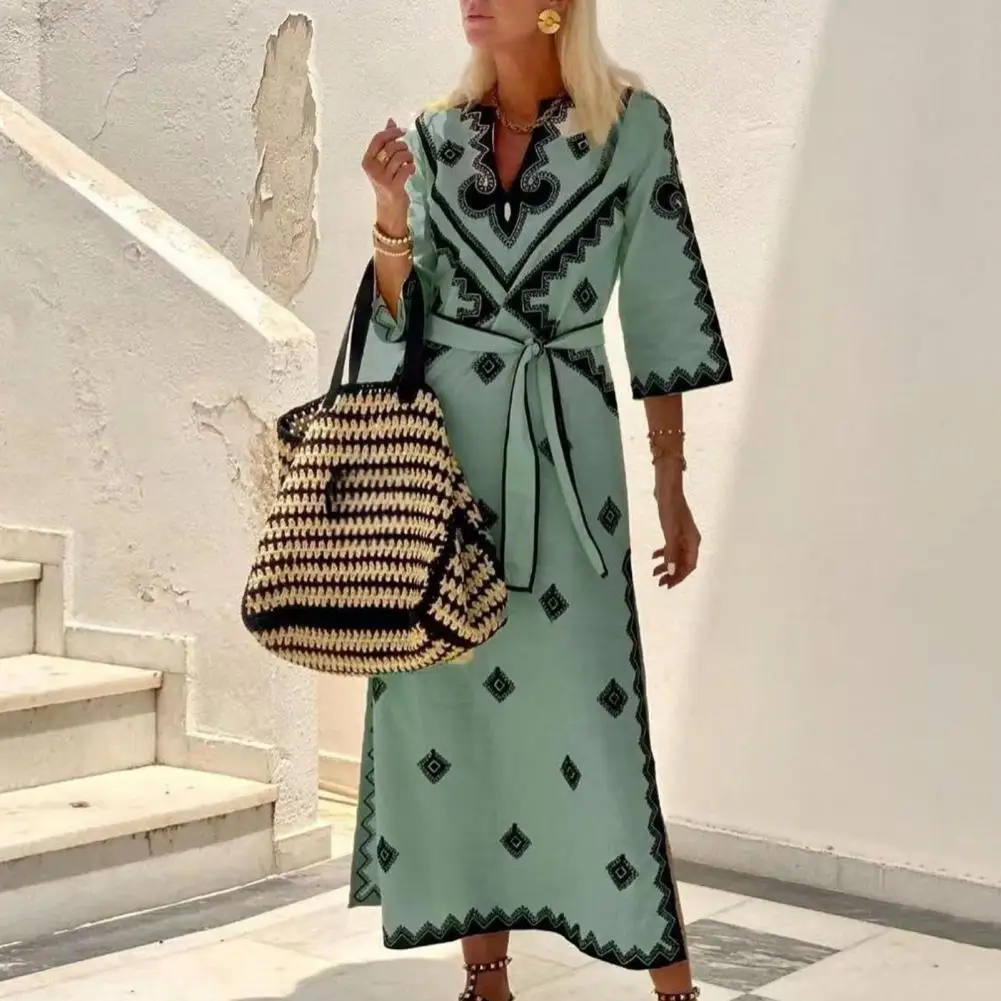 

Ladies Printed Dress Bohemian Midi Dresses Geometric Print V-neck Split Hem for Spring Fall Vacation Wardrobe High Waist Midi