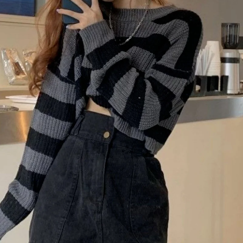 

Deeptown Korean Style Striped Cropped Knitted Sweater Women Vintage Printed O-neck Long Sleeve Jumper Y2K Tops Autumn Winter