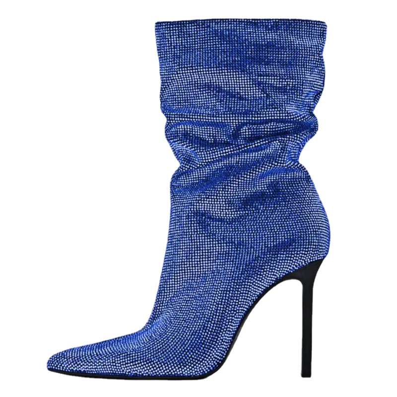Rhinestone Women's Mid Calf Boots Sexy Pointed Toe Slip-on Demonia Boots Luxury Designer 2023 Elegant Thin Heels Women's Shoes