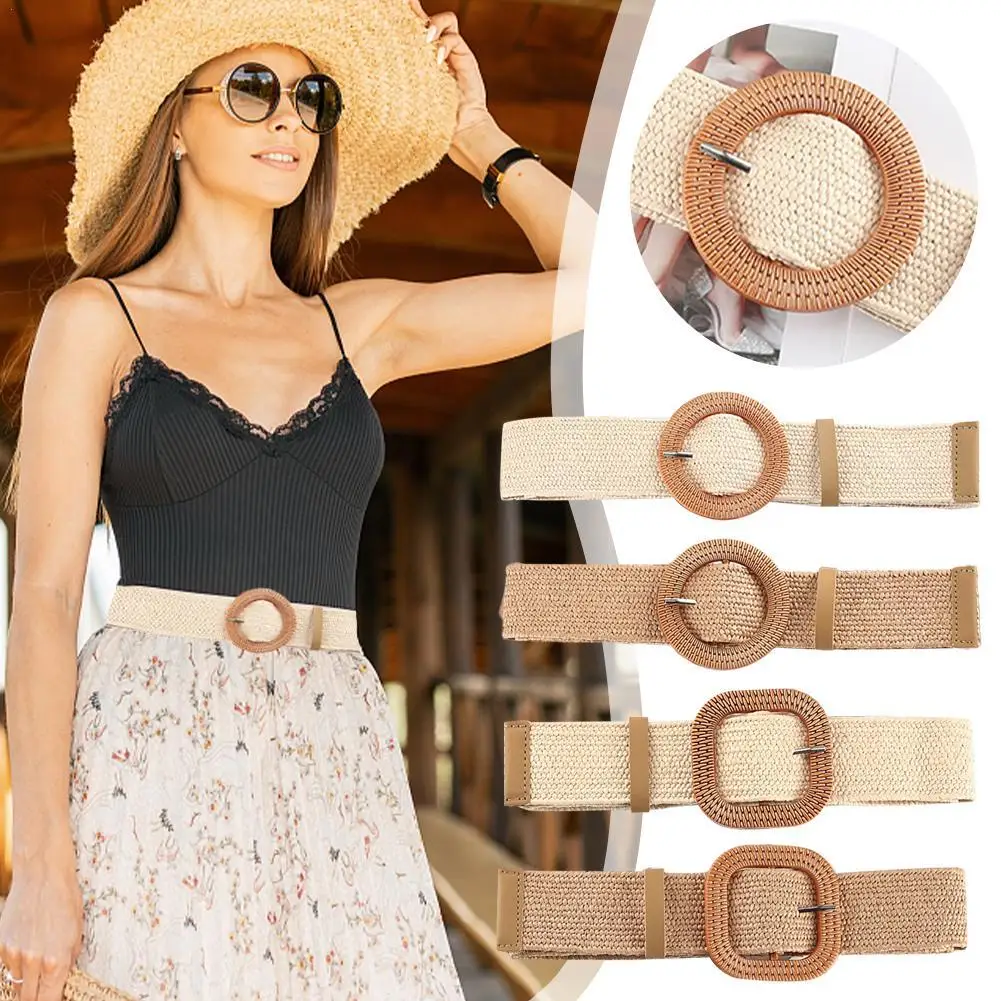 Fashion Bohemia Buckle Elastic Braided Belts Straw Woven Belt Solid Color Linen Weave Fake Straw Wide Belt Straw Waistband