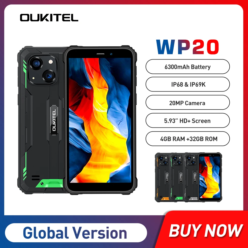 Смартфон OUKITEL WP20, IP68 IP69K, 4 Гб + 32 ГБ, 5,93 дюймов, HD +, 6300 мА ч, Android 12, мобильный телефон, четырехъядерный, камеры 20 Мпикс