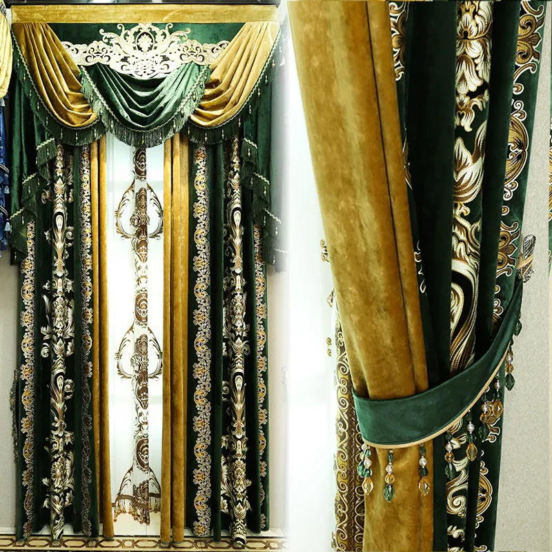 

Villa Luxury Green Thickened Velvet Blackout Curtains European 3D Gilding Engraving Process Curtain Custom 3Meter Height #4