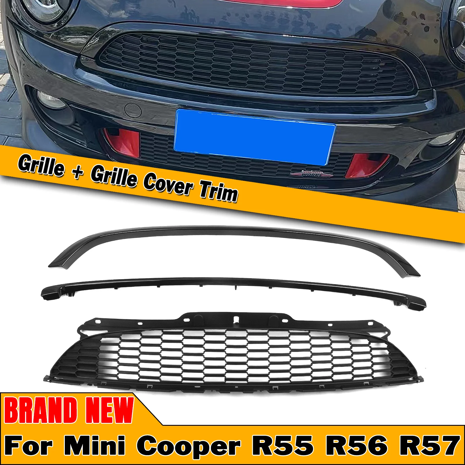 

For Mini Cooper S R55 R56 R57 R58 R59 2007-2015 JCW Style Black Grill Upper Grille Mesh+Front Bumper Trim Splitter Spoiler Frame