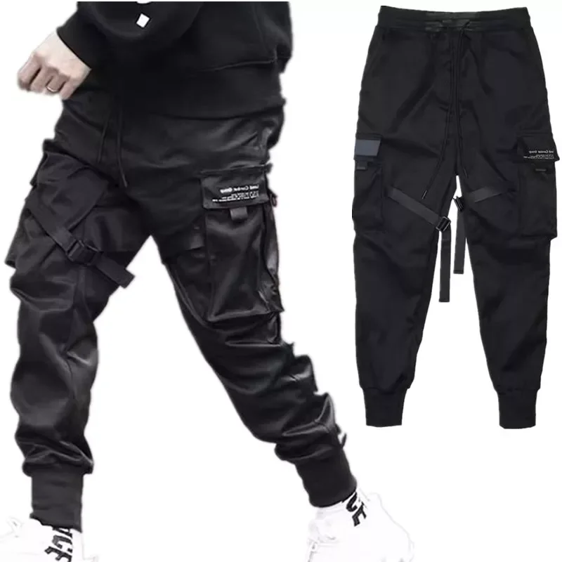 

NEW IN Hop Boy Track Pants Elastic Waist Harem Pant Men Streetwear Punk Ribbons Design Trousers Male Black Pant Pockets Joggers